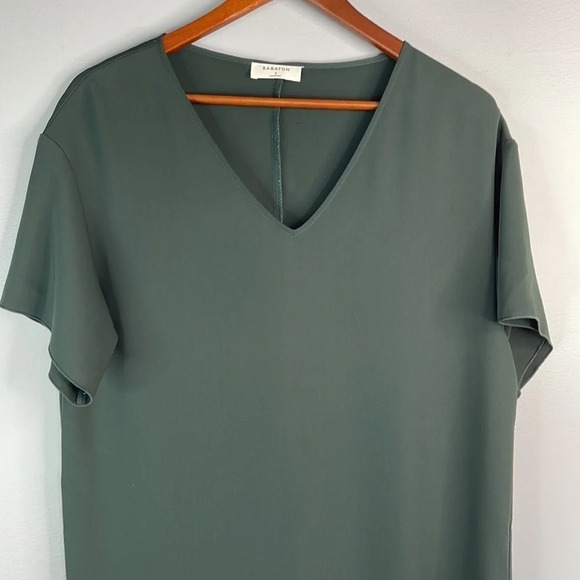 BABATON Aritzia Baggy Silky Shift Dress Forrest Green V-Neck Short Sleeve Small - Picture 3 of 11